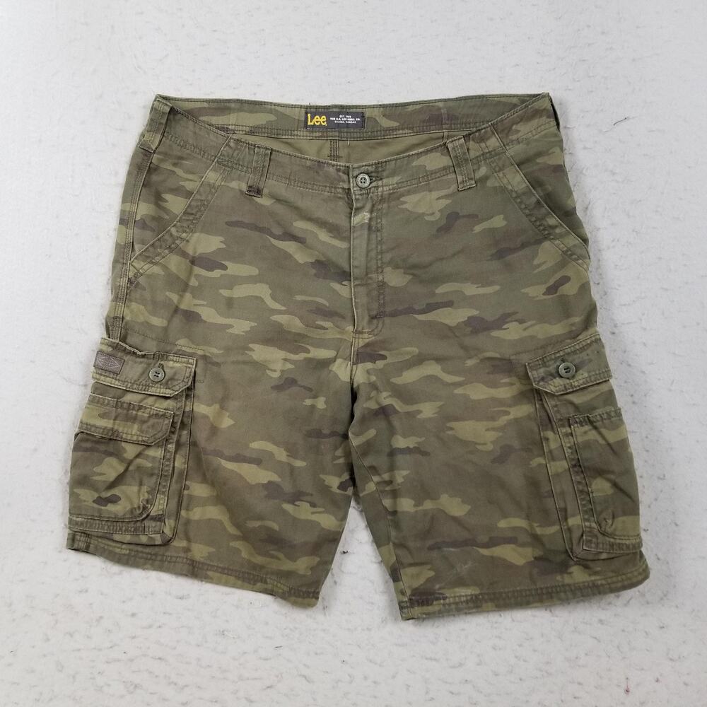 Lee Shorts Mens 38 Green Camo Cargo 100% Cotton Pockets Outdoor Hiking Casual